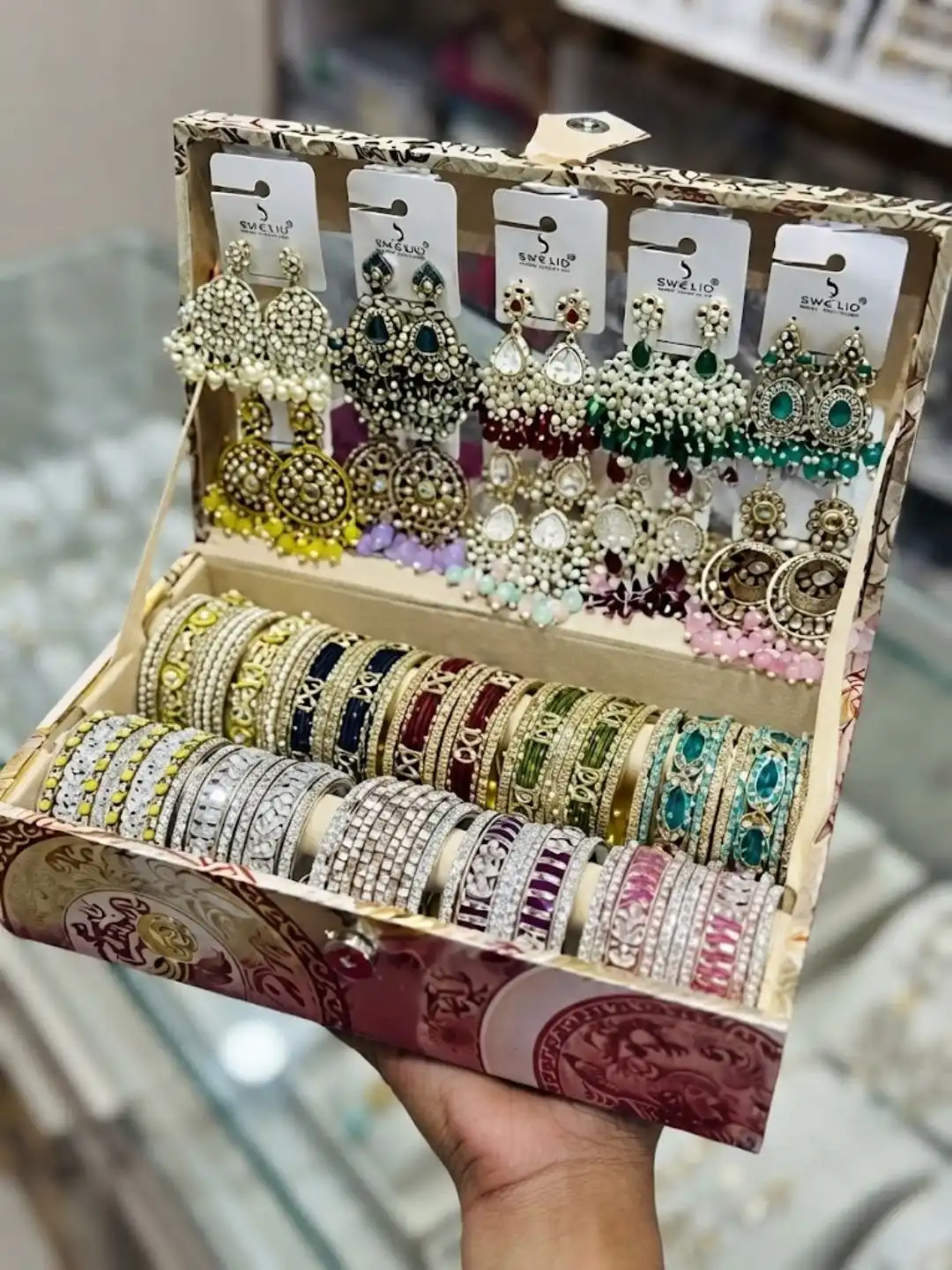 Complete Traditional Stone-Studded Bangles and Matching Jhumka Earring Trunk Set - Image 2