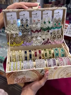Complete Traditional Stone-Studded Bangles and Matching Jhumka Earring Trunk Set