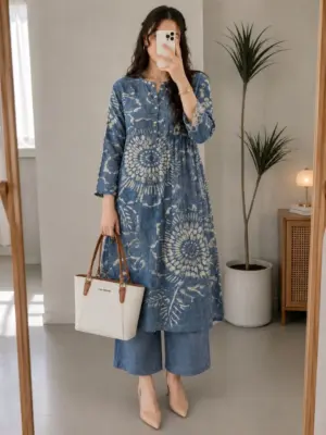 Indigo Floral Print Kurta and Wide-Leg Pants Set