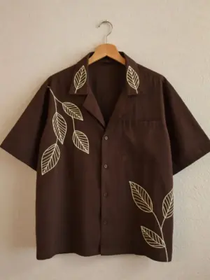 Botanical Embroidered Brown Cuban Collar Shirt