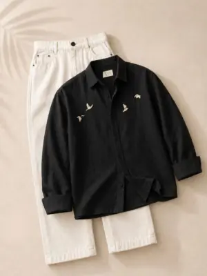 Flying Bird Embroidered Black Shirt and Off-White Trouser Ensemble