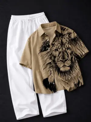 Fierce Lion Graphic Khaki Shirt and White Drawstring Trouser Set