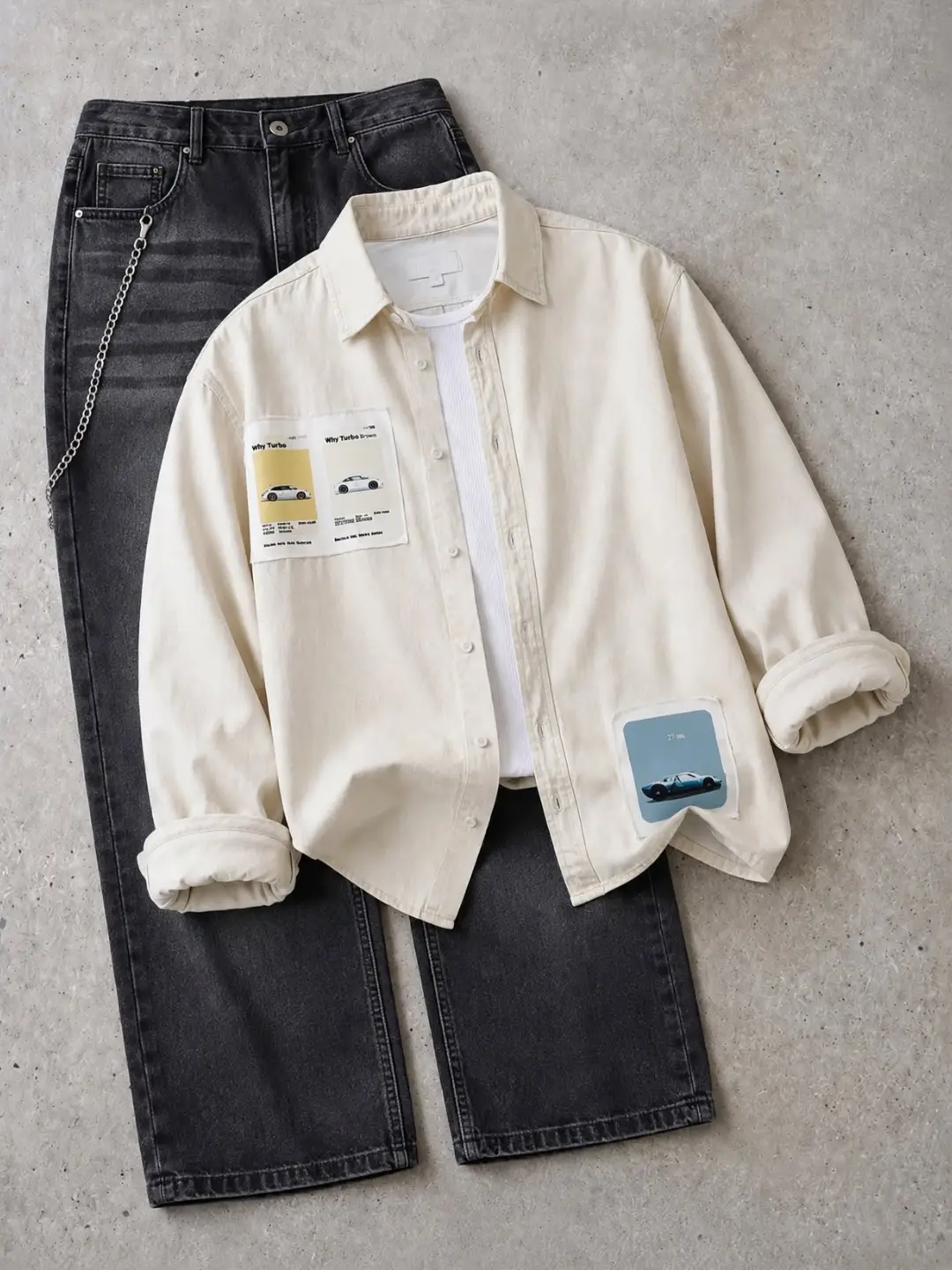 Vintage Car Graphic Denim Shirt and Black Jeans Ensemble - Image 4