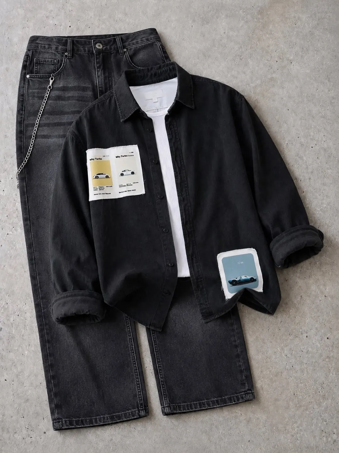Vintage Car Graphic Denim Shirt and Black Jeans Ensemble - Image 5