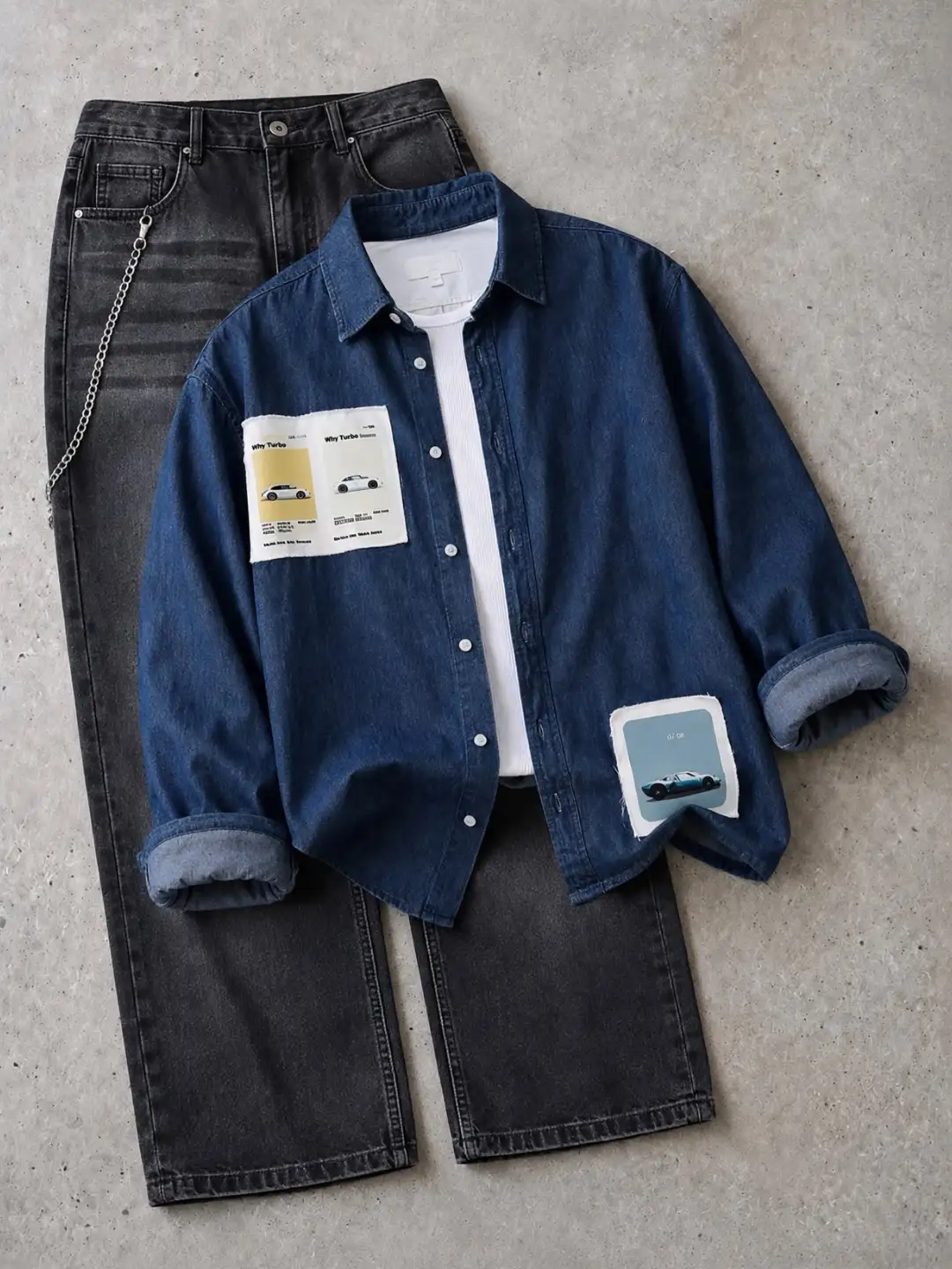 Vintage Car Graphic Denim Shirt and Black Jeans Ensemble