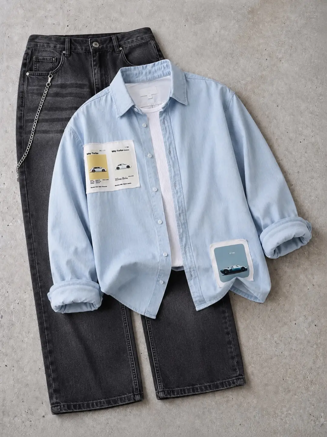 Vintage Car Graphic Denim Shirt and Black Jeans Ensemble - Image 3