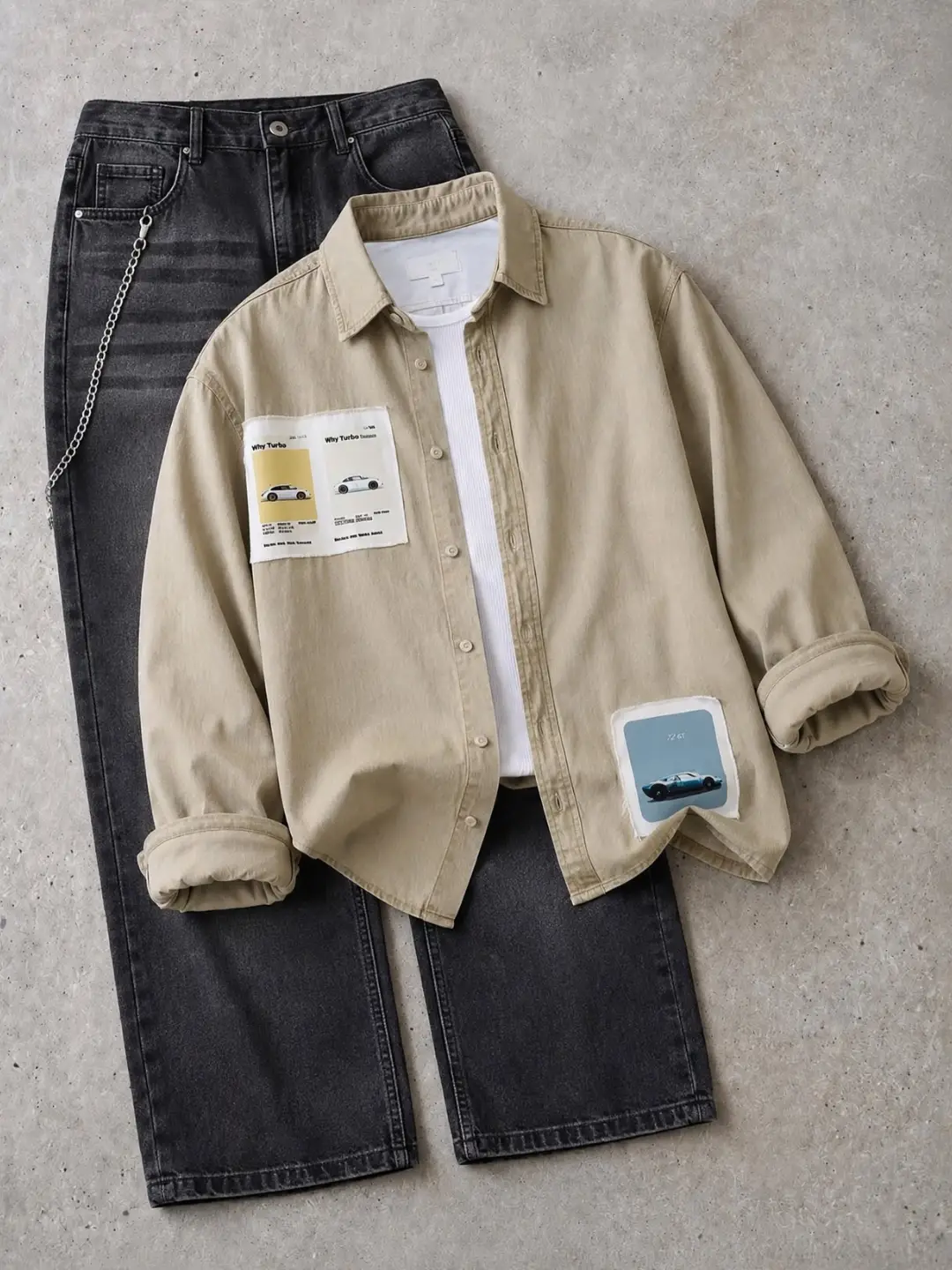 Vintage Car Graphic Denim Shirt and Black Jeans Ensemble - Image 2