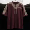 Maroon Tribal Lace-Up Yoke Half-Sleeve Tee
