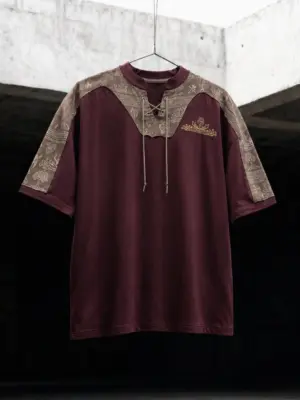 Maroon Tribal Lace-Up Yoke Half-Sleeve Tee