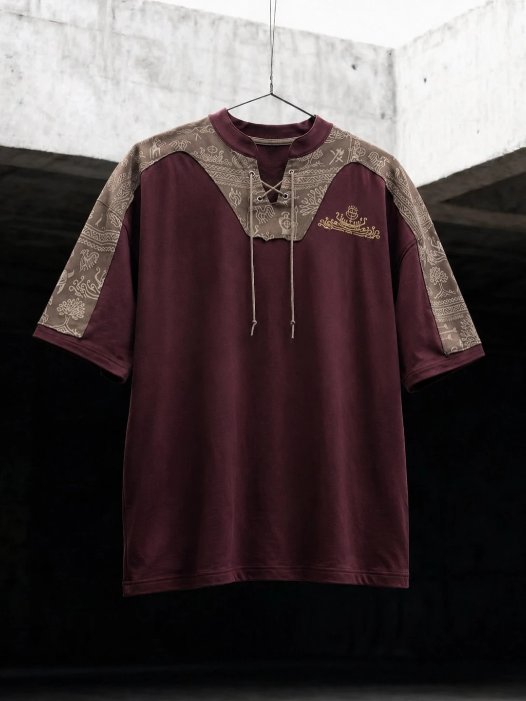 Maroon Tribal Lace-Up Yoke Half-Sleeve Tee