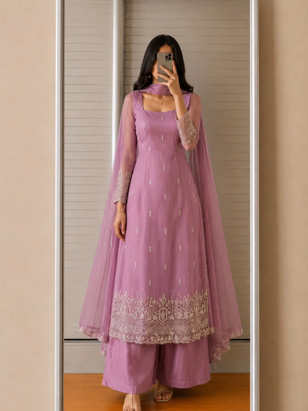 Regal Plum Embroidered Kurta Set with Palazzo and Dupatta - Image 5