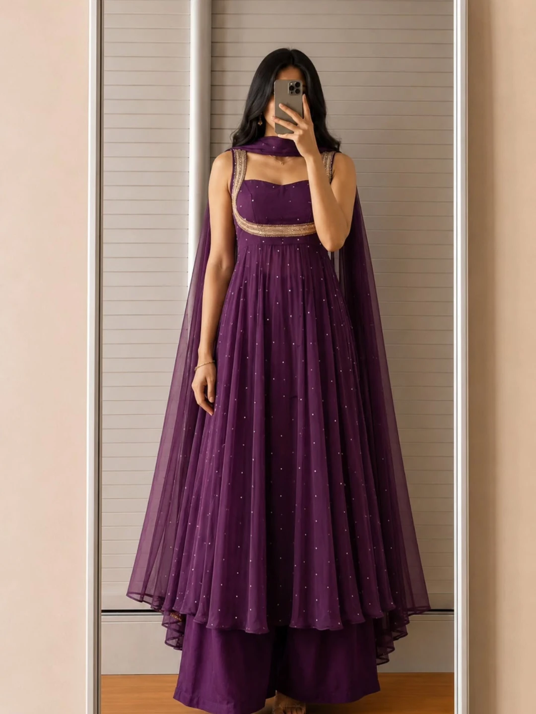 Regal Plum Embroidered Kurta Set with Palazzo and Dupatta