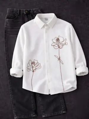 Minimalist Line-Art Rose Embroidered White Shirt and Black Denim Set