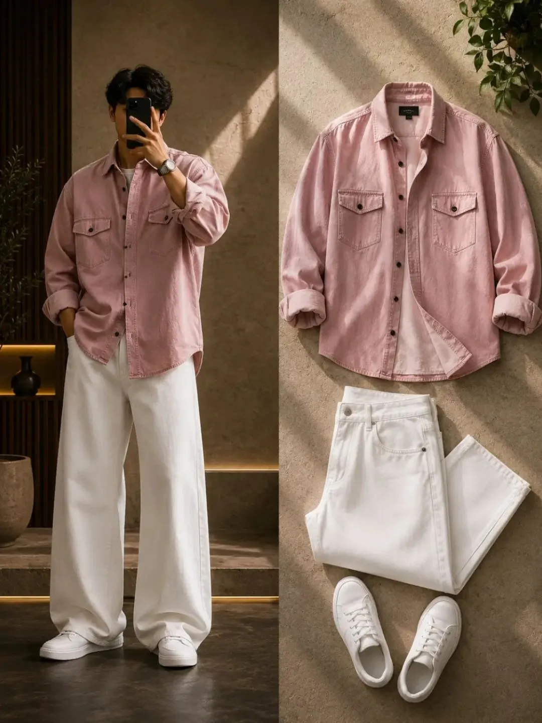 Dusty Rose Casual Shirt & White Wide-Leg Trousers Ensemble - Image 5