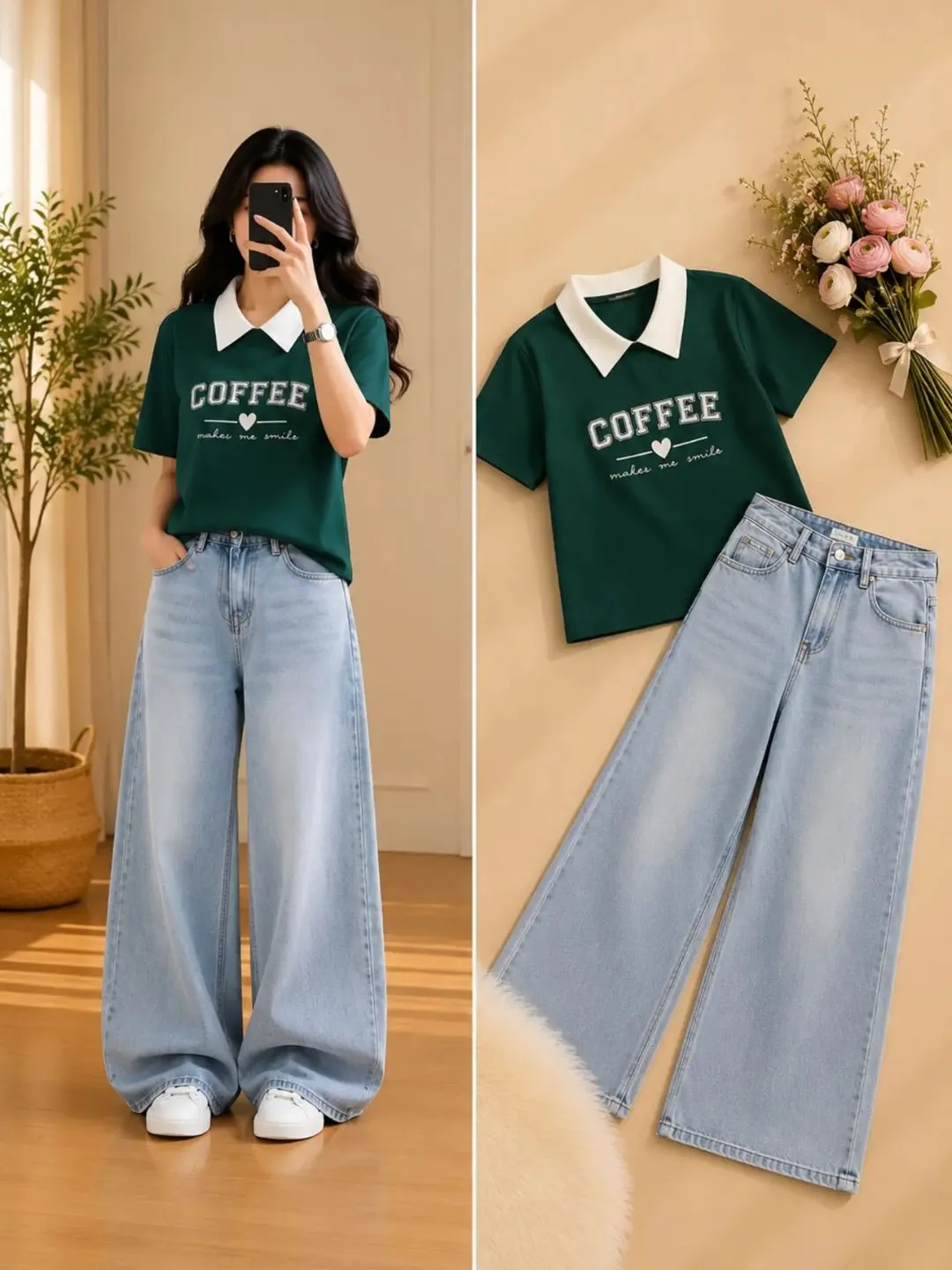 Maroon Contrast-Collar Knit Top & Wide-Leg Grey Denim Jeans Set - Image 4