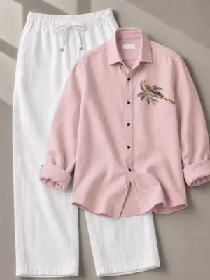 Pink Embroidered Shirt & White Drawstring Trousers Set