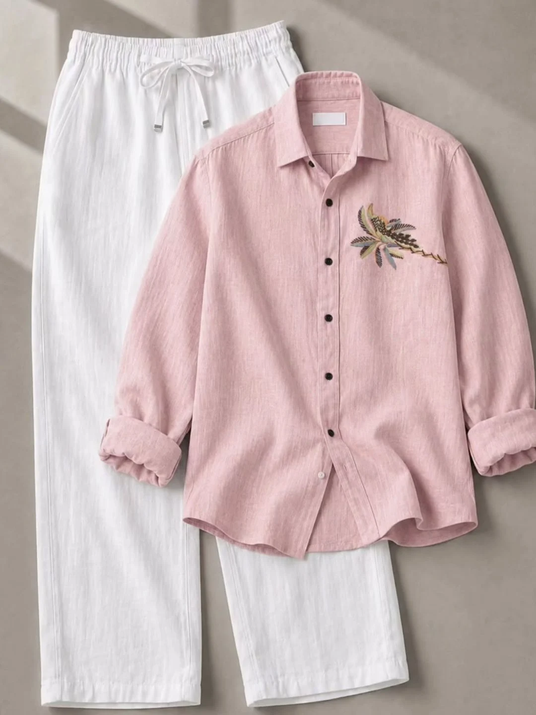 Pink Embroidered Shirt & White Drawstring Trousers Set