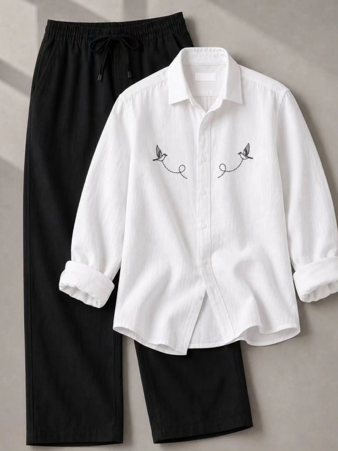 Pink Embroidered Shirt & White Drawstring Trousers Set - Image 3