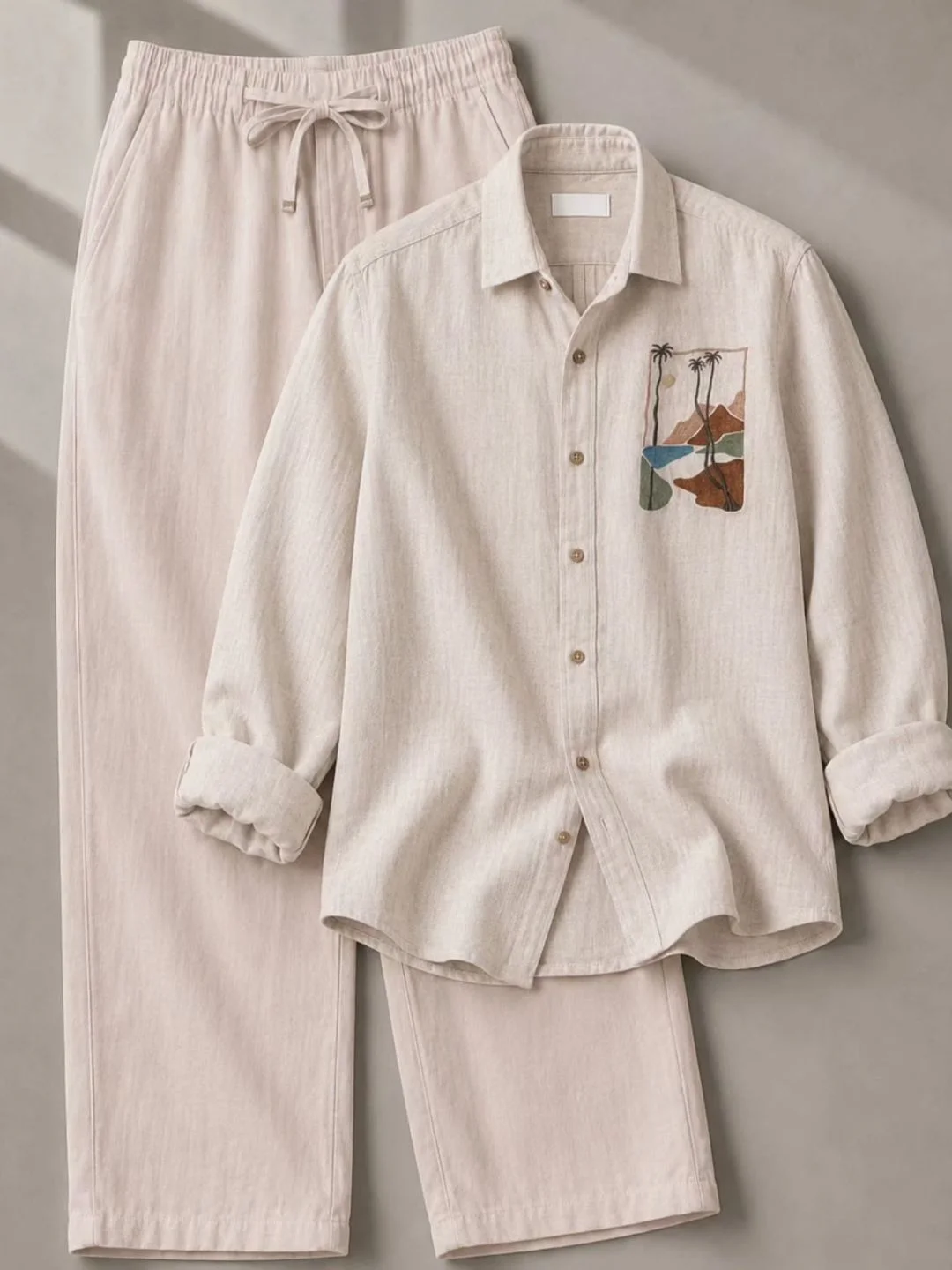 Pink Embroidered Shirt & White Drawstring Trousers Set - Image 2