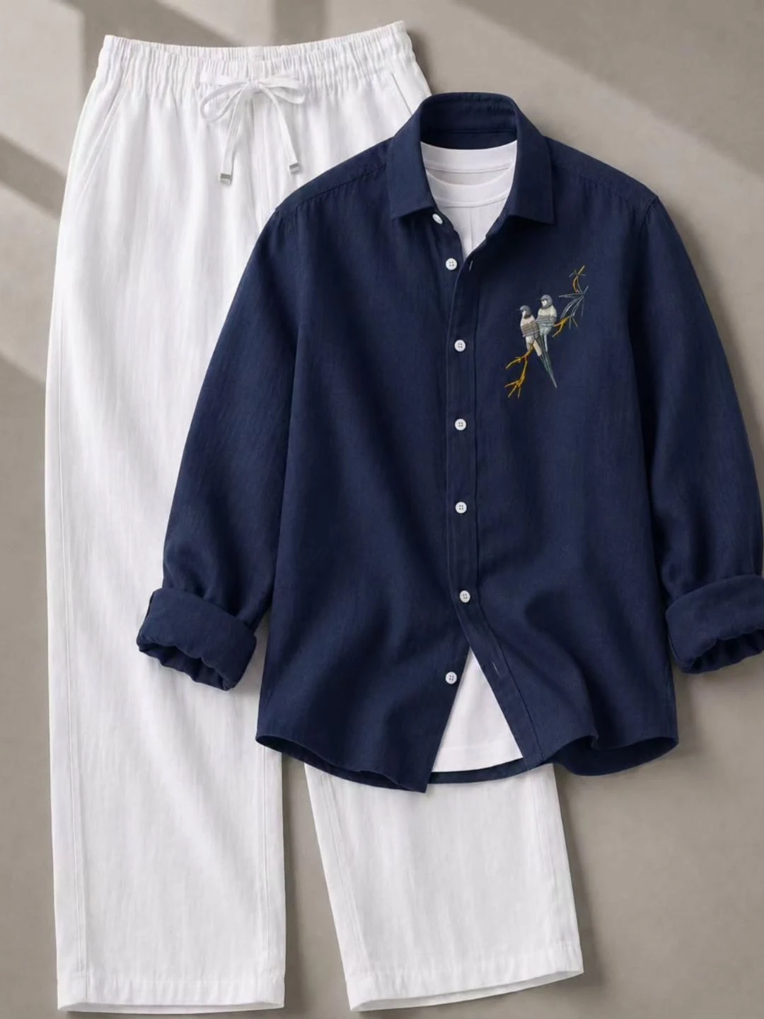 Pink Embroidered Shirt & White Drawstring Trousers Set - Image 4
