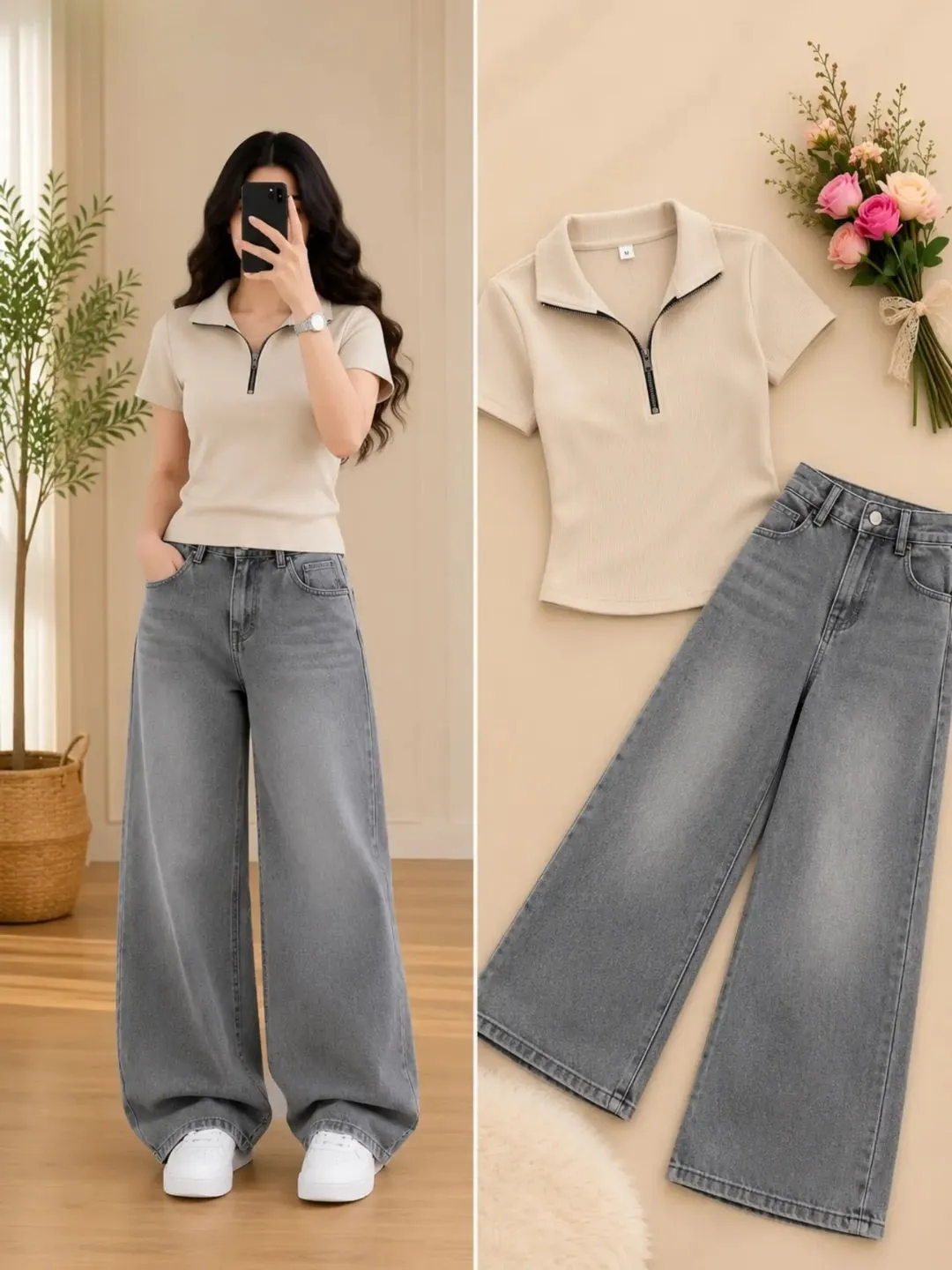 Maroon Contrast-Collar Knit Top & Wide-Leg Grey Denim Jeans Set - Image 3