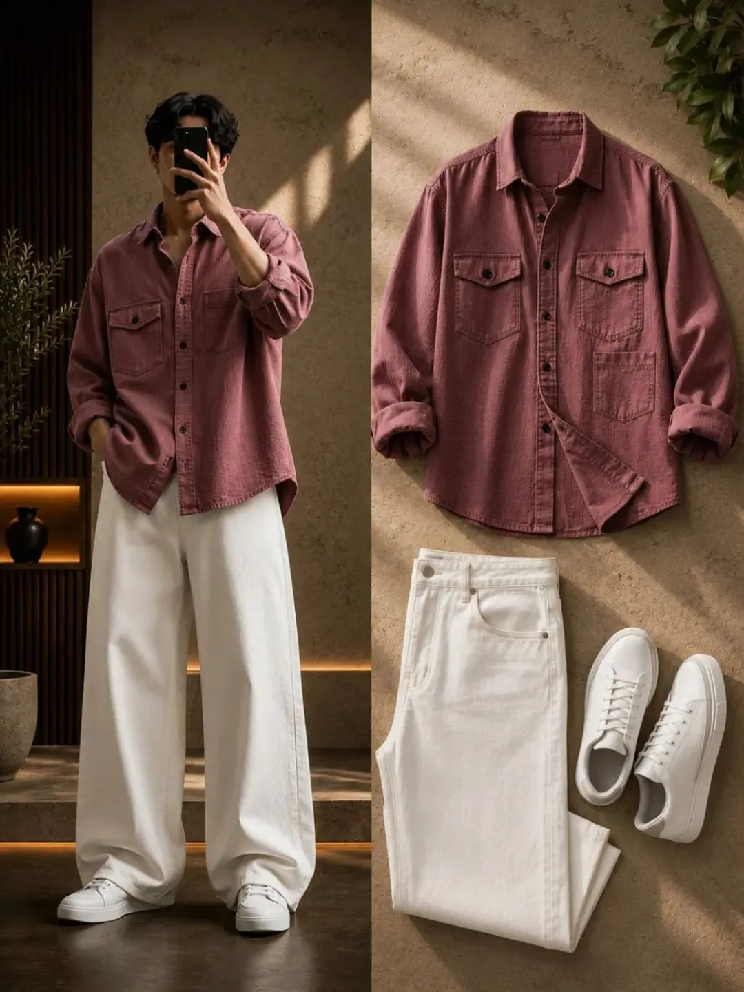 Dusty Rose Casual Shirt & White Wide-Leg Trousers Ensemble