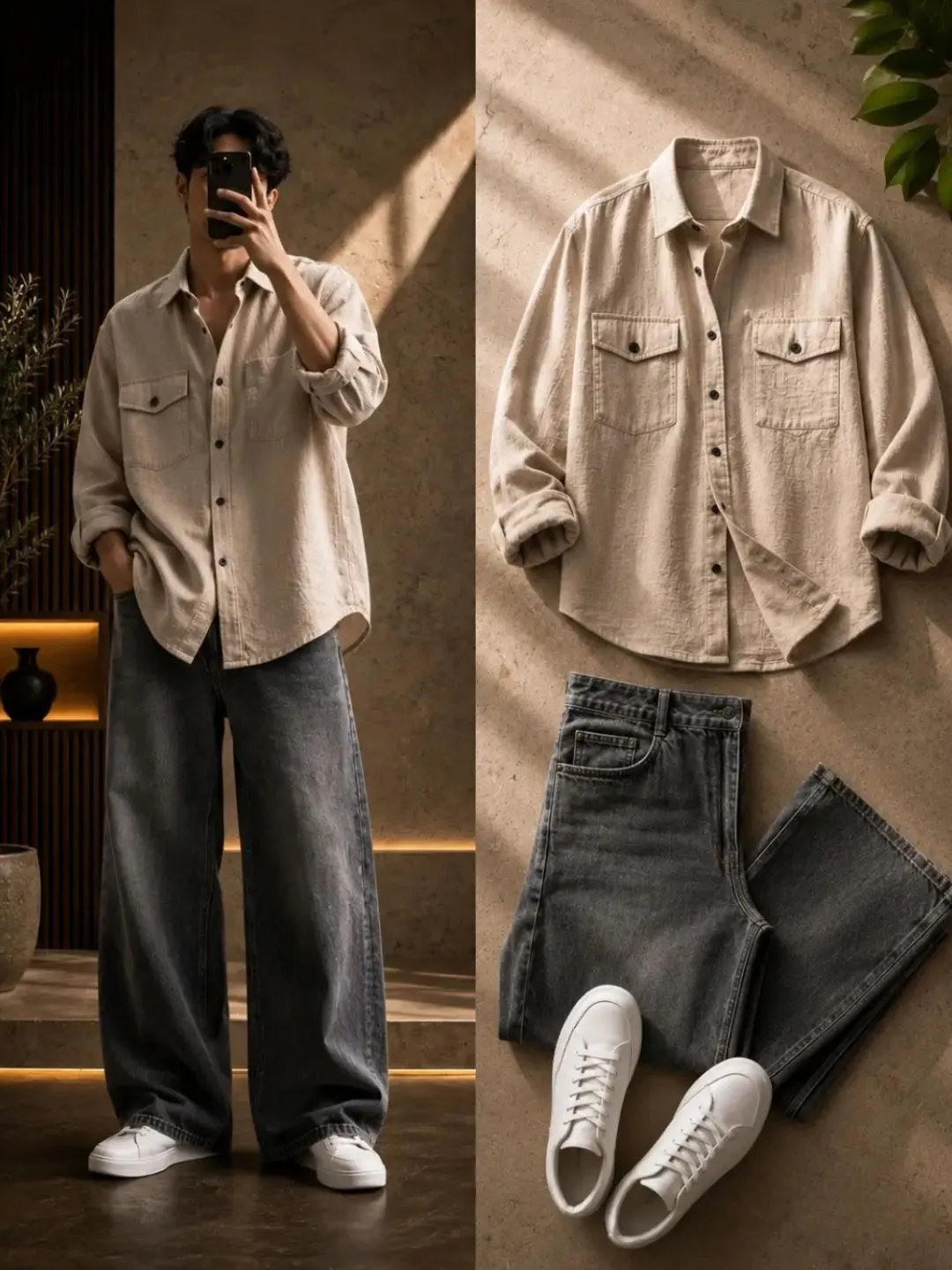 Dusty Rose Casual Shirt & White Wide-Leg Trousers Ensemble - Image 4