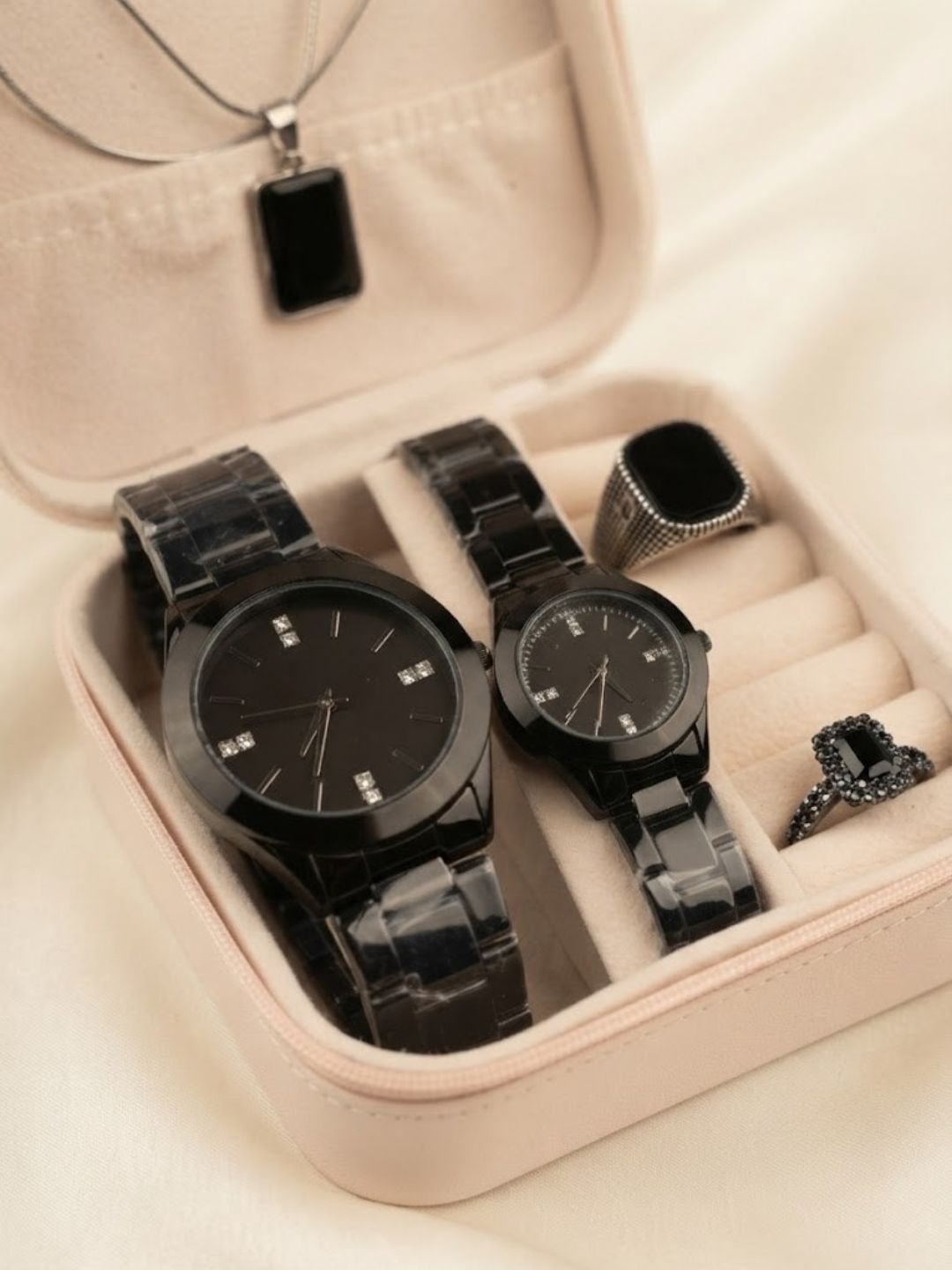 Matching Couple Black Watch and Luxury Accessory Combo Set - Image 2