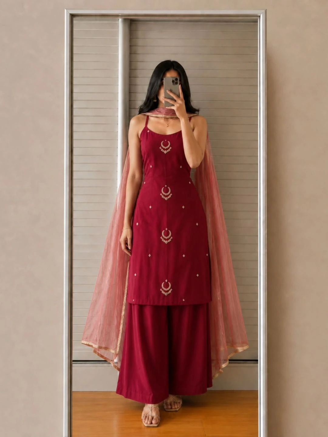 Midnight Blue Embroidered Maxi Dress and Palazzo Set - Image 3