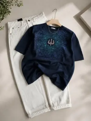 Mystical Trident Graphic Navy T-Shirt and White Denim Set