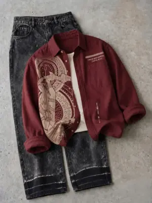 Mythological Graphic Maroon Shirt and Acid-Wash Denim Set