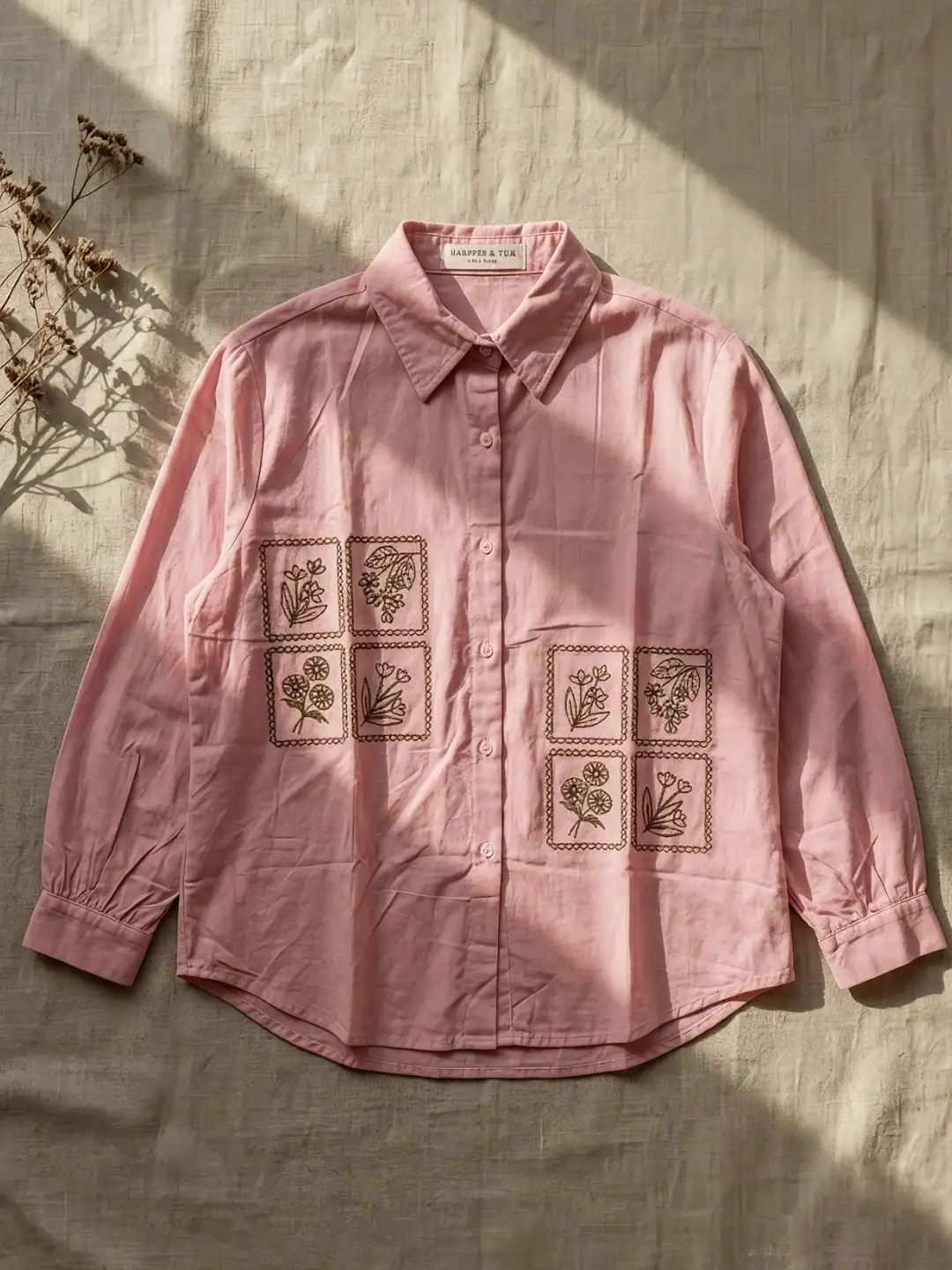 Sage Green Botanical Grid Embroidered Long-Sleeve Shirt - Image 2