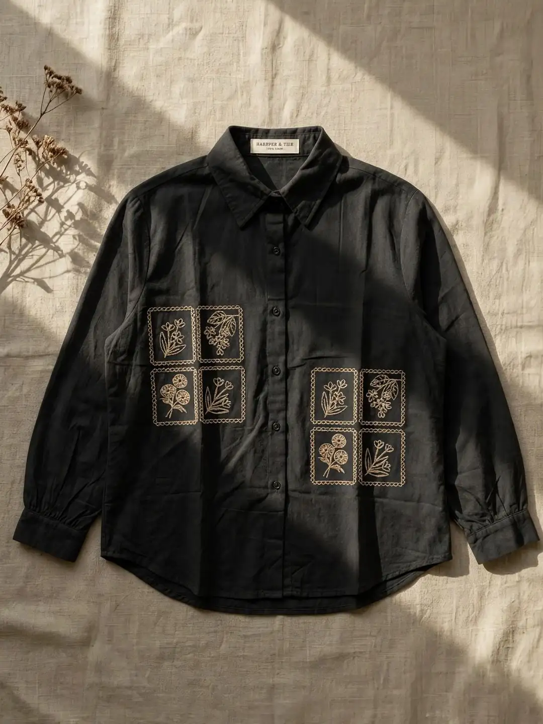 Sage Green Botanical Grid Embroidered Long-Sleeve Shirt - Image 5