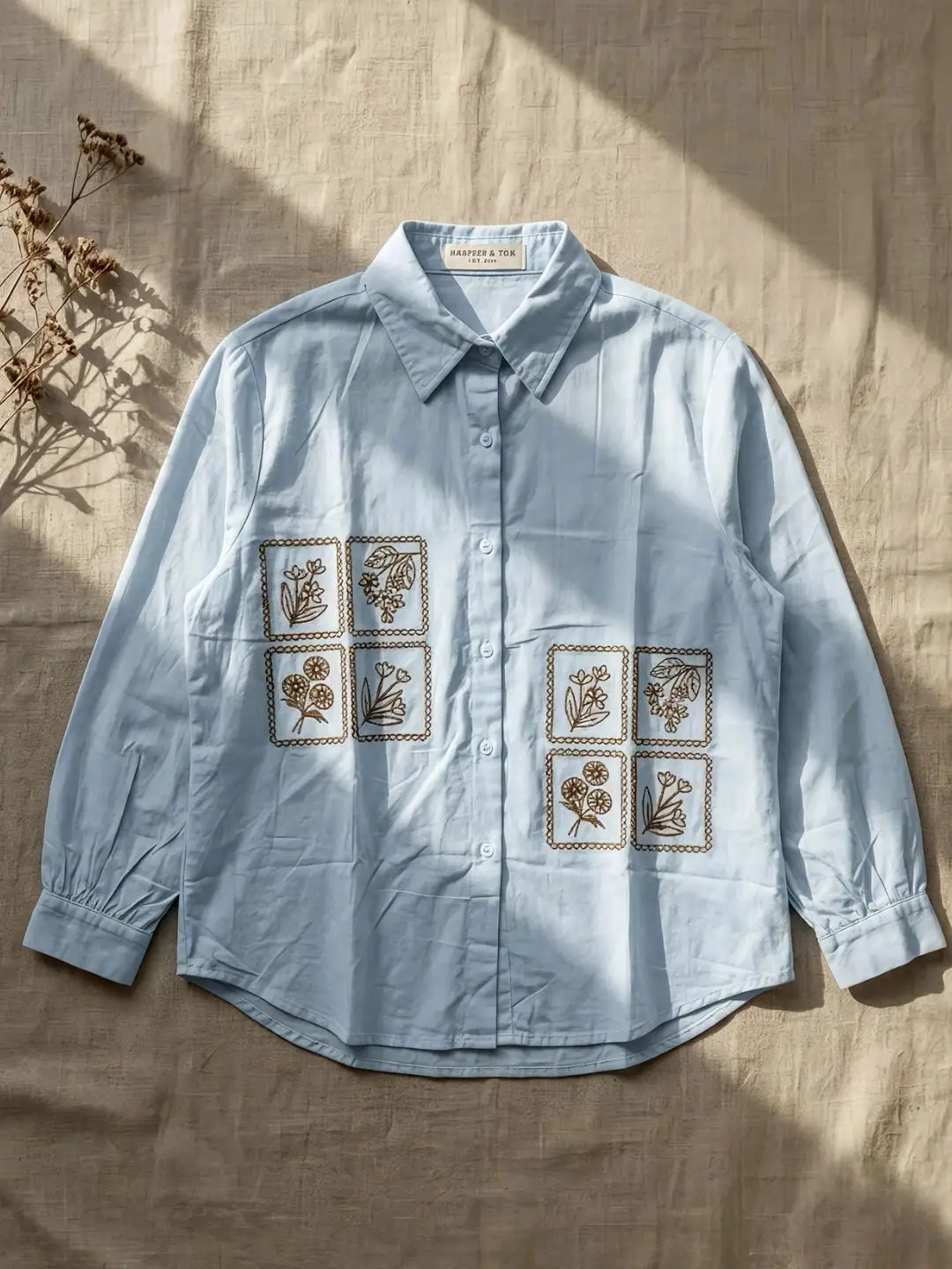 Sage Green Botanical Grid Embroidered Long-Sleeve Shirt - Image 3