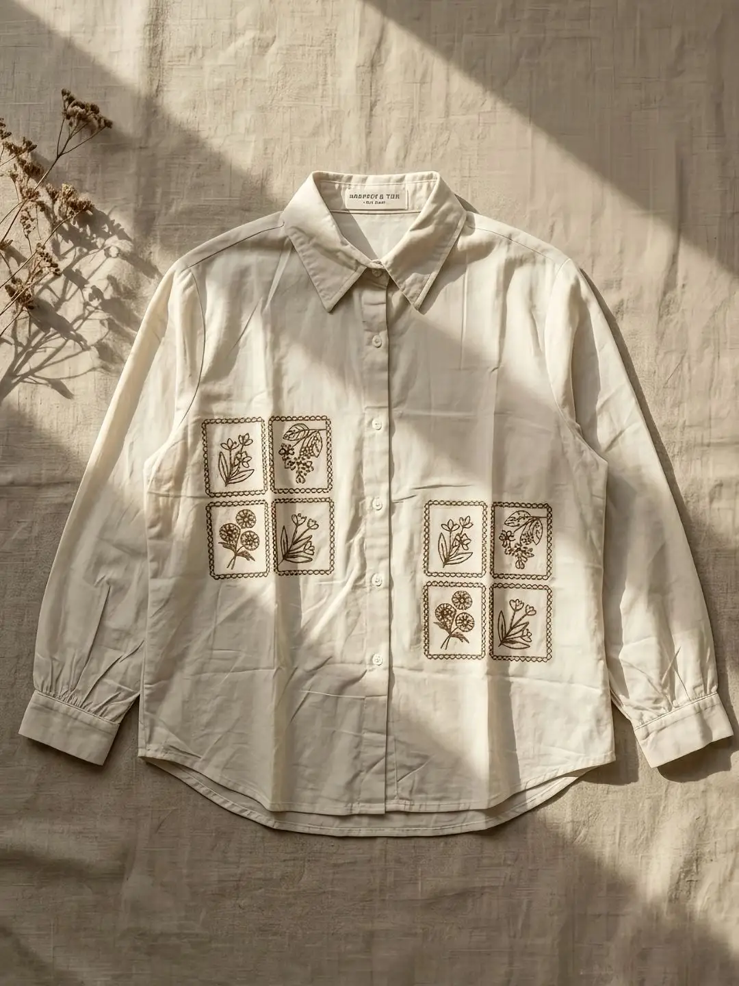 Sage Green Botanical Grid Embroidered Long-Sleeve Shirt - Image 4