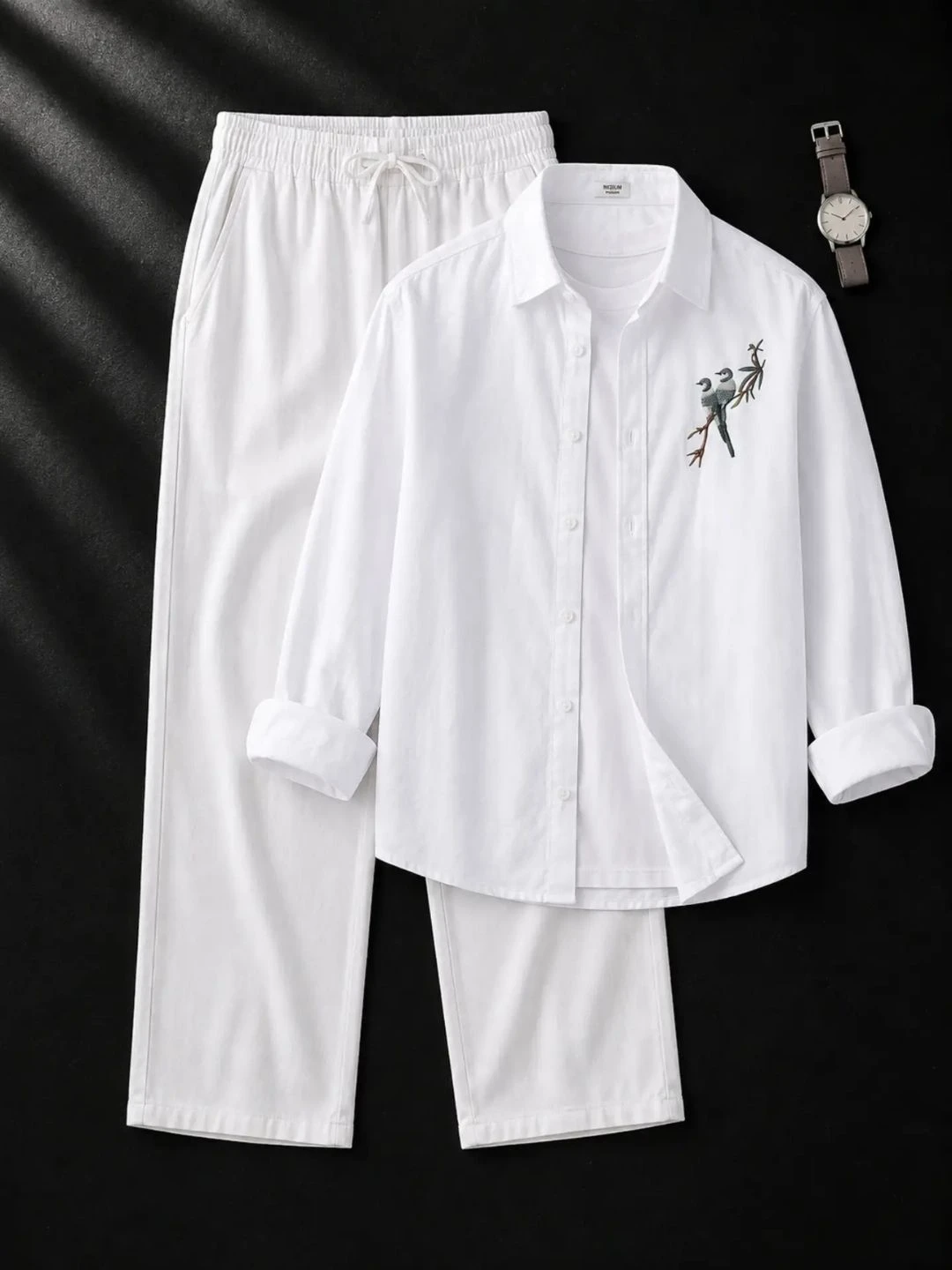 Rustic Brown Bird Embroidered Shirt and White Trouser Combo - Image 3