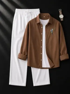 Rustic Brown Bird Embroidered Shirt and White Trouser Combo