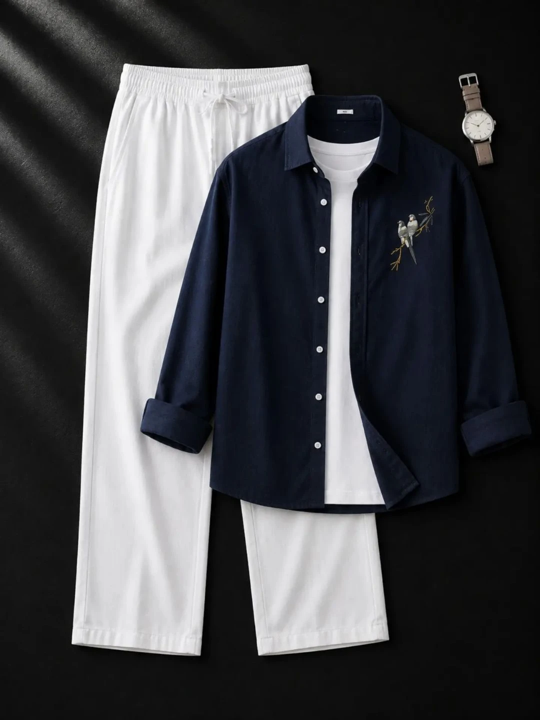 Rustic Brown Bird Embroidered Shirt and White Trouser Combo - Image 4