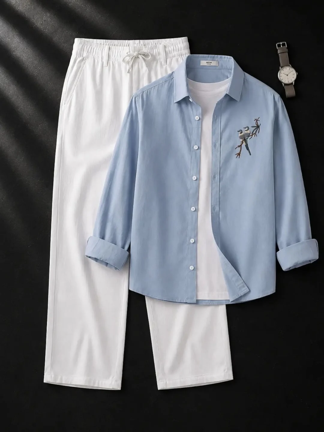 Rustic Brown Bird Embroidered Shirt and White Trouser Combo - Image 2