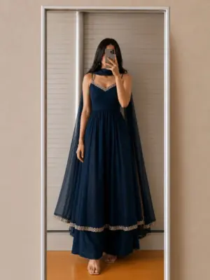 Midnight Blue Embroidered Maxi Dress and Palazzo Set