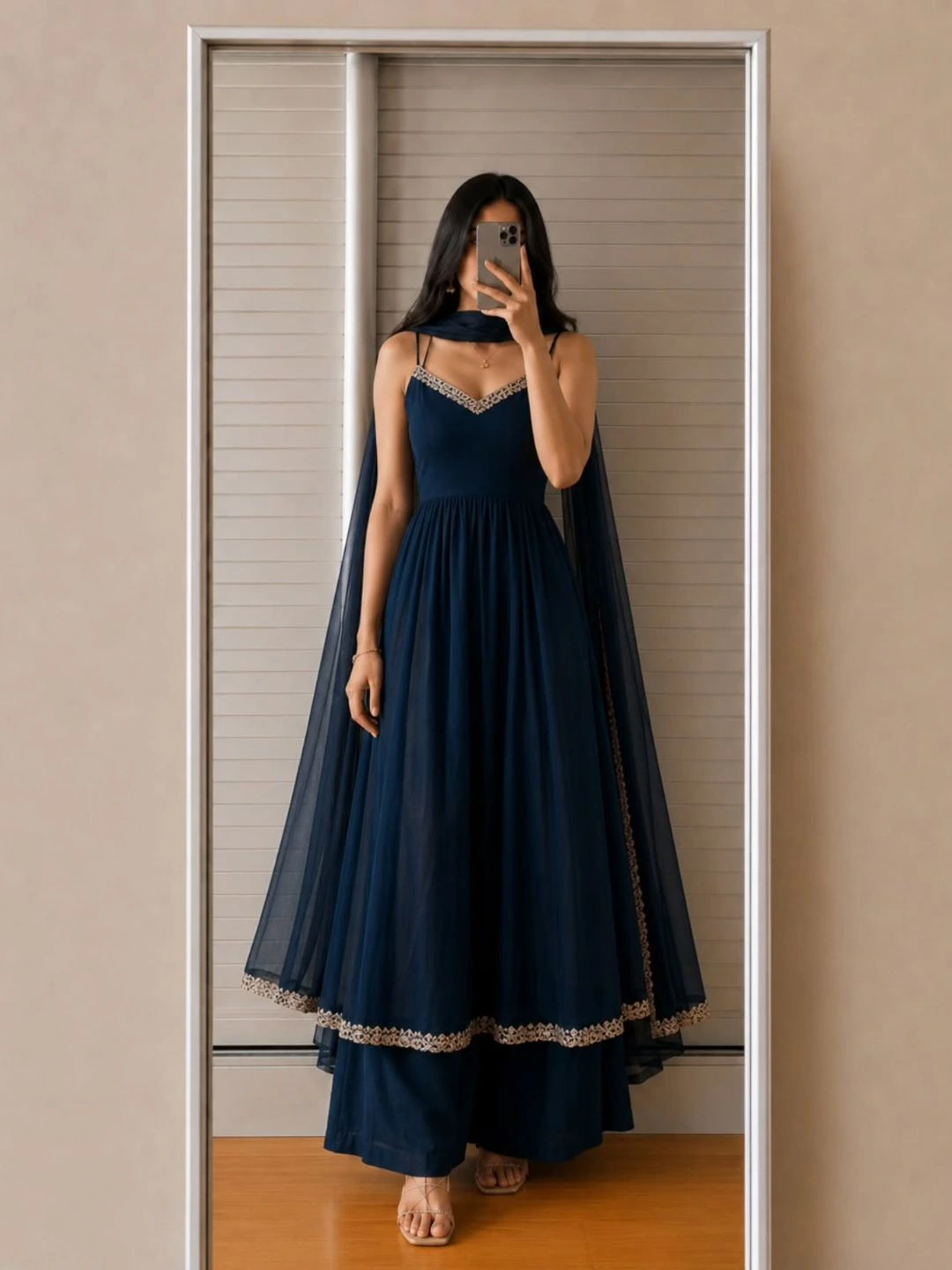Midnight Blue Embroidered Maxi Dress and Palazzo Set
