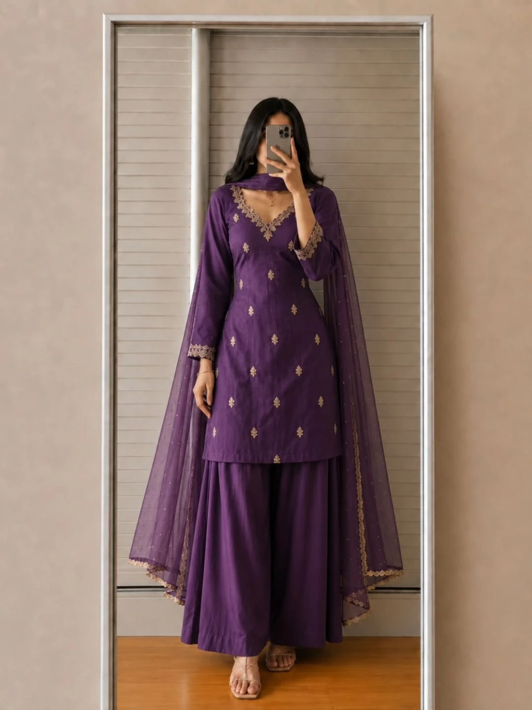 Midnight Blue Embroidered Maxi Dress and Palazzo Set - Image 4