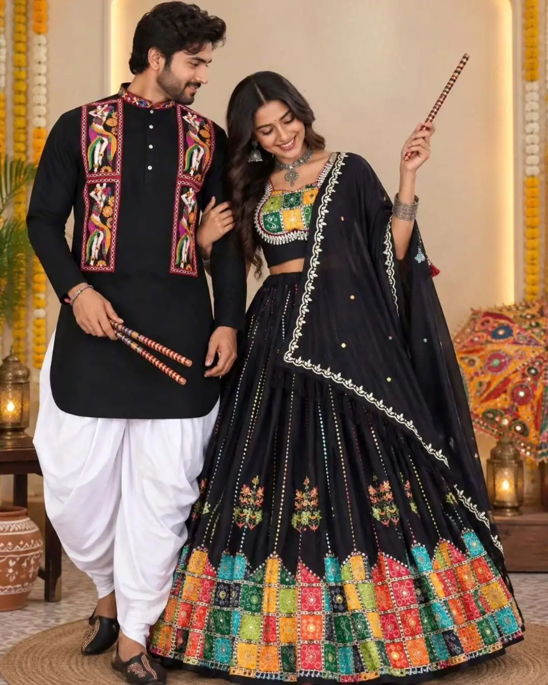 Royal Navy Blue Kurta Dhoti & Ombre Lehanga Festive Couple Set - Image 4