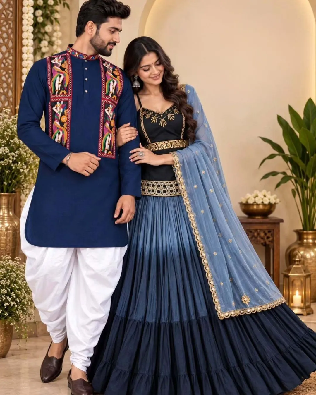 Royal Navy Blue Kurta Dhoti & Ombre Lehanga Festive Couple Set
