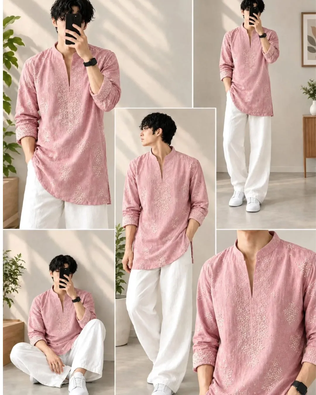 Maroon & White Lotus-Motif Kurta Pyjama Combo - Image 2