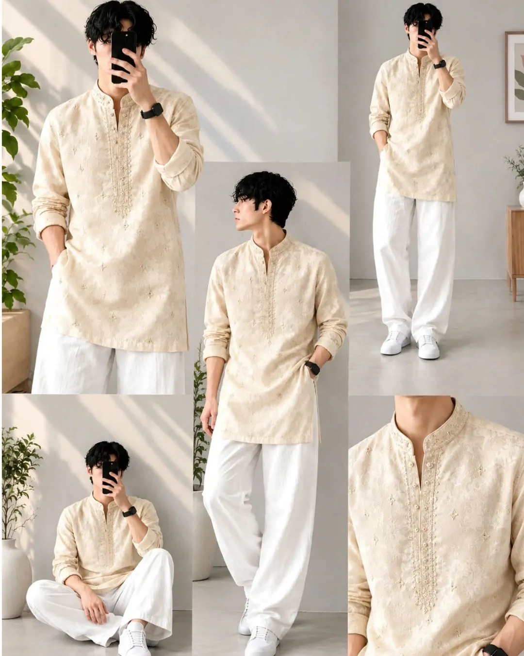 Maroon & White Lotus-Motif Kurta Pyjama Combo - Image 4