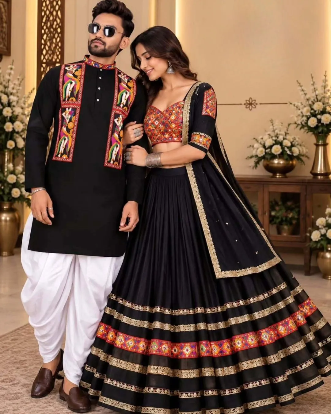 Magenta Brocade Jacket Kurta & Off-White Floral Panel Lehanga Couple Set - Image 3