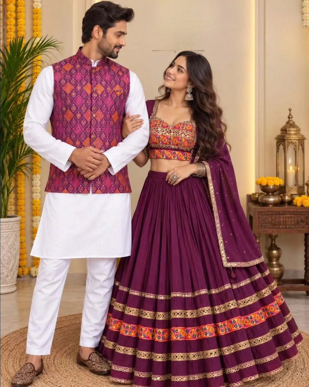 Magenta Brocade Jacket Kurta & Off-White Floral Panel Lehanga Couple Set - Image 4
