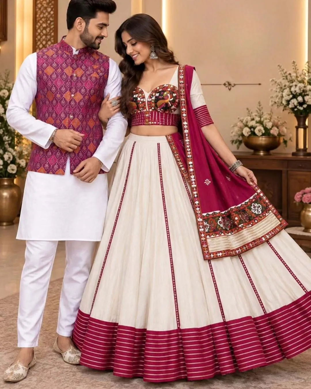Magenta Brocade Jacket Kurta & Off-White Floral Panel Lehanga Couple Set