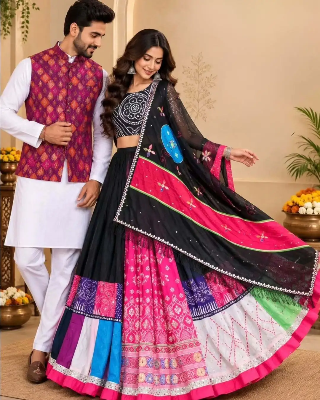 Magenta Brocade Jacket Kurta & Off-White Floral Panel Lehanga Couple Set - Image 2